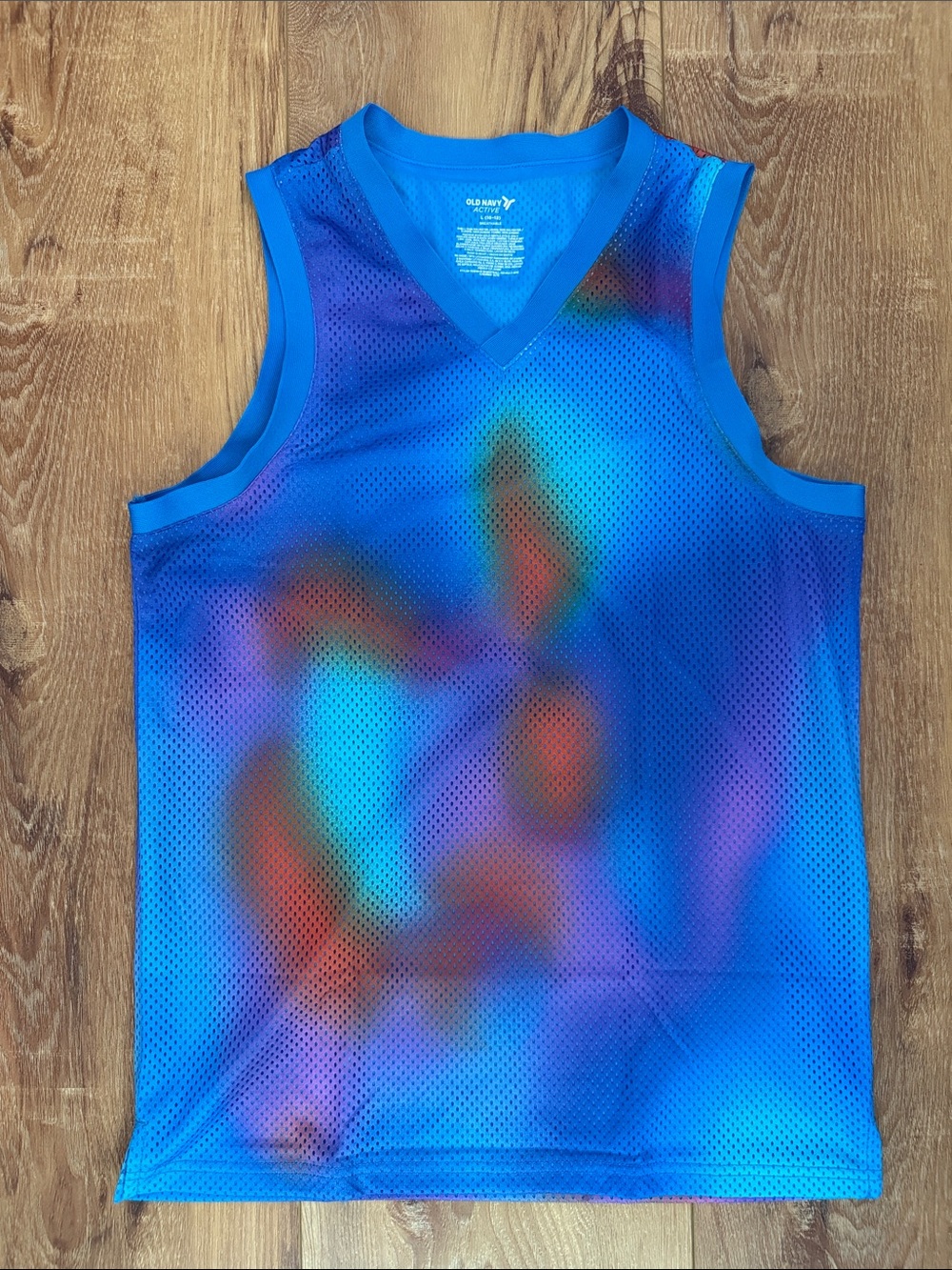 Old Navy Blue Mesh Tank Top with Multicolor Tie-Dye Accents